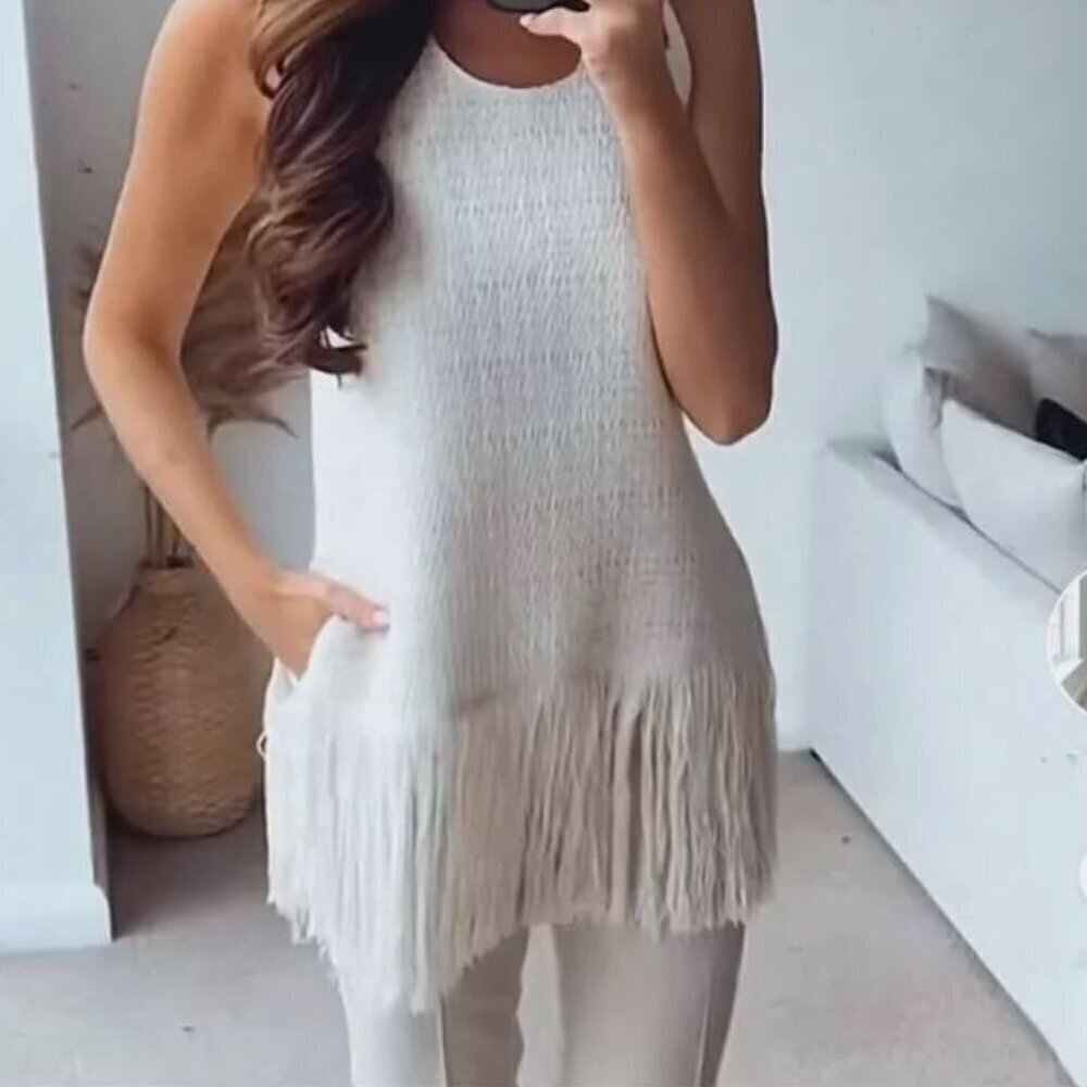NEW ZARA FRINGED TEXTURED WEAVE CREAM TOP SIZE L 2953 126 710